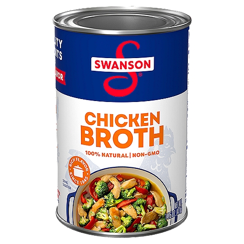Swanson Chicken Broth, 14.5 oz
Elevate your homemade meals with the rich, full-bodied flavor of Swanson Chicken Broth. Swanson's canned chicken broth brings together the perfectly balanced flavors of farm-raised chicken, vegetables picked at the peak of freshness, and high-quality seasonings in a convenient recyclable can. And just like homemade, our canned broth uses only 100% natural, non-GMO ingredients, with no artificial flavors or colors and no preservatives.