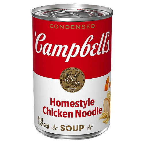 Campbell's Condensed Homestyle Chicken Noodle Soup, 10.5 Ounce Can
Campbell's Condensed Homestyle Chicken Noodle Soup warms the soul and has earned its place in the pantry as a family favorite. Join Campbell's in the kitchen by customizing this soup with fresh herbs or croutons, or pair it with crackers, salad, or a sandwich. We perfectly season our chicken broth and add in egg noodles, tender chicken raised without antibiotics, and a mix of vegetables like celery and carrots. The end result is a soul-warming chicken noodle soup that brings a smile with every spoonful. Campbell's Condensed Homestyle Chicken Noodle Soup warms you up while delivering feel good comfort. Made with honest, high-quality ingredients like chicken meat and carrots this canned soup is a crowd pleaser and makes for the perfect addition to your weeknight family dinner that everyone will love. This trusted staple is the start to a great meal. M'm! M'm! Good!
