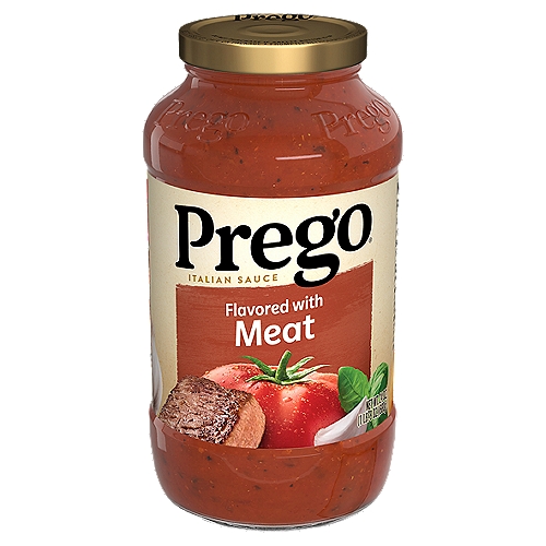 Prego Flavored with Meat Italian Sauce, 24 oz
Be the hero at dinner with Prego Italian Tomato Sauce Flavored With Meat. Versatile and delicious, this classic red sauce features the rich, sweet taste of vine-ripened tomatoes balanced with flavorful meat, herbs and seasonings. This pasta sauce with meat has a taste everyone loves and a thick texture that doesn't water out, making it a perfect pairing with any pasta. This Prego pasta sauce is gluten free and made almost entirely of vegetables for a spaghetti sauce you can feel good about. Each half cup serving of this pasta sauce provides 40 percent of your daily vegetables, giving you a sauce that's as nutritious as it is tasty. Top off any pasta with this Prego meat sauce for a quick, family-pleasing meal, or use it as a base for your favorite recipes. The tomato sauce jar top is easy to close and store in the refrigerator for leftovers. Give your family the taste everyone loves with Prego.