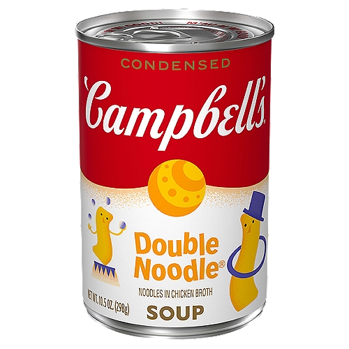 Campbell's Condensed Kids Soup, Double Noodle Soup, 10.5 Ounce Can
Campbell's Condensed Double Noodle Soup is sure to be the star of the meal. When it comes to being a family favorite, this soup is just the beginning. This Double Noodle Soup starts with twice as many enriched egg noodles, comforting chicken broth infused with herbs, and tender chicken. Plus, there's no artificial flavors, parents can trust each and every fun-filled spoonful. Crafted with high-quality ingredients, all you have to do is just add water and heat! This pantry staple is easy to customize, too. With only 100 calories per 8 ounce serving, this Double Noodle soup is part of a great meal! M'm! M'm! Good!

Noodles in Chicken Broth