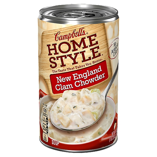 Campbell's Home Style New England Clam Chowder Soup, 18.8 oz
Savor the tastes like those in seaside kitchens with Campbell's Homestyle New England Clam Chowder. Every spoonful of this clam chowder is crafted with the simple, delicious ingredients reminiscent of the East coast. This homestyle soup is made with succulent clams, tender potatoes and celery for the creamy East Coast flavors you crave. Campbell's Homestyle Clam Chowder has no artificial colors or high fructose corn syrup for the quality you expect. Just heat in a covered microwave-safe bowl for up to two minutes, let sit for one minute and enjoy. This rich canned soup is perfect for lunches at the office or part of family dinners at home. Each soup can is non-BPA lined and easily recyclable. Journey back home with every spoonful of Homestyle New England Clam Chowder, crafted from a place you trust—Campbell's.