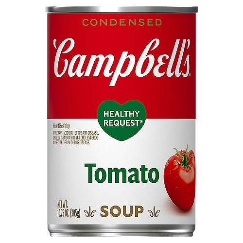 Campbell's Condensed Healthy Request Tomato Soup, 10.75 Ounce Can
Campbell's Condensed Healthy Request Tomato Soup is the comforting tomato soup you love. Each heart healthy* can has 0 grams of trans fat and 25% less sugar than our regular product**. It's crafted to warm you inside and out and starts with farm-grown tomatoes cooked to perfection. The end result is a soul-warming tomato soup that brings a smile with every spoonful. Campbell's Condensed Healthy Request Tomato Soup warms you up while delivering feel good comfort. Made with high-quality ingredients, this canned soup is a crowd pleaser and makes for the perfect start to a great meal. M'm! M'm! Good! *While many factors affect heart disease, diets low in fat & cholesterol may reduce this risk of this disease. **8g sugar per serving vs 12g in our regular tomato soup