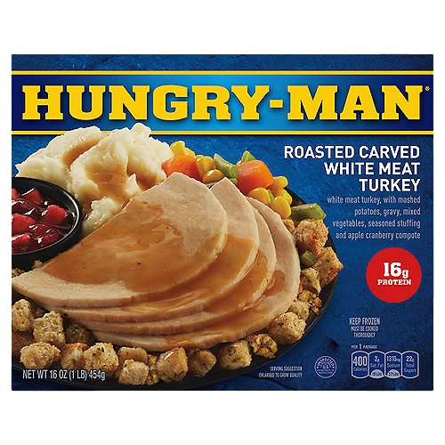 Hungry-Man Roasted Carved White Meat Turkey, 16 oz
Satisfy your man-size hunger with a Hungry Man Roasted Turkey Breast Frozen Dinner. Dive into roasted white-meat turkey, creamy mashed potatoes, gravy, mixed vegetables, seasoned stuffing and apple cranberry compote. Quick and convenient, these microwavable meals are great for lunch, dinner or anytime. Eat like a man, with Hungry Man.