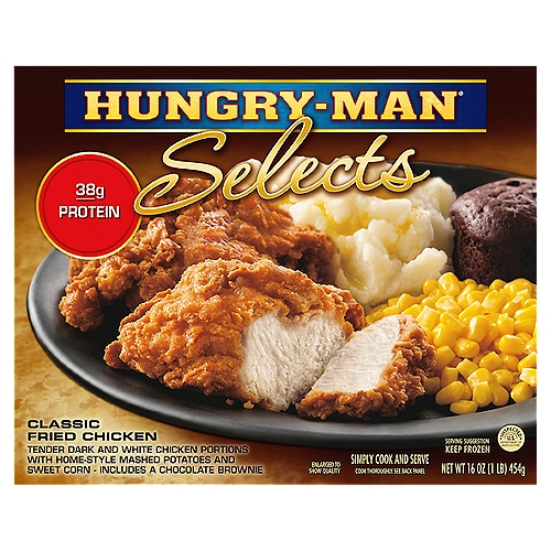 Hungry-Man Selects Classic Fried Chicken, 16 oz
Tender White and Dark Chicken Portions with Home-Style Mashed Potatoes and Sweet Corn - Includes a Chocolate Brownie