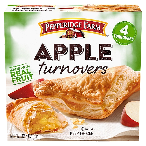 Pepperidge Farm Apple Turnovers, 4 count, 12.5 oz
Enjoy delicious Pepperidge Farm Turnovers made with layers of flaky puff pastry and real apple filling. Delicious on their own or topped with ice cream or dessert sauce. Box includes 4 frozen apple turnovers. Made with layers of flaky puff pastry and real fruit filling. Please bake in a conventional oven. For us, baking is more than a job. It's a real passion. Each day, our bakers take the time to make every cookie, pastry, cracker, and loaf of bread the best way they know how- by using carefully selected, quality ingredients.