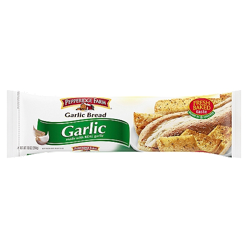 Pepperidge Farm Garlic Bread, 10 oz
Mouth-watering garlic bread is just moments away! It all starts with amazing bread (and our Pepperidge Farm bakers know bread!), topped with great flavors from premium ingredients like garlic and parsley. Pop it in the oven and in about 8 minutes, you'll have delicious garlic bread with a golden crust on the outside, soft inside, and the aroma of delicious garlicy fresh bread goodness filling the room. Convenience and freshly baked  from your oven come together for a perfect meal solution for your family. For Pepperidge Farm, baking is more than a job. It's a real passion. Each day, our bakers take the time to make every cookie, pastry, cracker, and loaf of bread the best way they know how - by using carefully selected, quality ingredients.