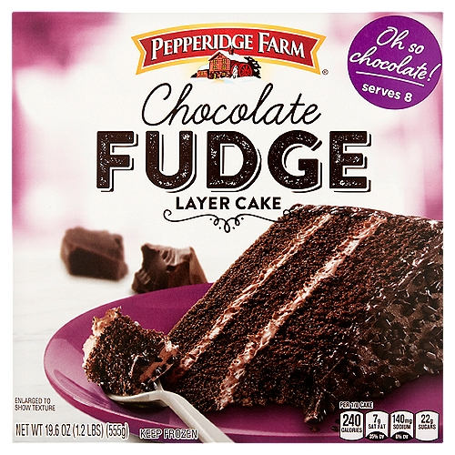 Pepperidge Farm Chocolate Fudge Layer Cake, 19.6 oz
With Pepperidge Farm layer cakes, you can celebrate everyday! Our Chocolate Fudge Layer Cake is yummy and moist - topped with delicious fudge frosting and chocolate shavings! Simply thaw and serve for an easy and delicious dessert. At Pepperidge Farm, baking is more than a job. It's a real passion. Each day, our bakers take the time to make every cookie, pastry, cracker, and loaf of bread the best way they know how - by using carefully selected, quality ingredients.