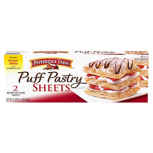 Pepperidge Farm Puff Pastry Sheets, 2 count, 17.3 oz
When you start with Pepperidge Farm Puff Pastry, you can create extraordinary dishes, both savory and sweet. Let your imagination take you to delicious places! Puff Pastry is made with the same basic ingredients as pie pastry, but the dough is folded multiple times to create dozens of layers. Pepperidge Farm Puff Pastry is ready to bake, so you can skip the work and still enjoy perfectly made golden, flaky pastry. Puff Pastry Sheets can be folded and shaped into many interesting and delicious designs. At Pepperidge Farm, baking is more than a job. It's a real passion. Each day, our bakers take the time to make every cookie, pastry, cracker, and loaf of bread the best way they know how - by using carefully selected, quality ingredients.