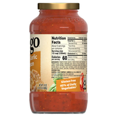 Prego Pasta Sauce, Italian Tomato Sauce with Roasted Garlic & Parmesan  Cheese, 24 Ounce Jar