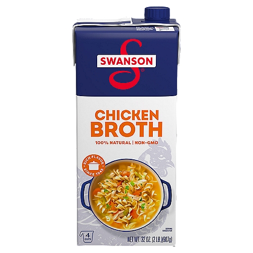 Swanson Chicken Broth, 32 oz
Elevate your homemade meals with the rich, full-bodied flavor of Swanson Chicken Broth. Swanson's chicken broth brings together the perfectly balanced flavors of farm-raised chicken, vegetables picked at the peak of freshness, and high-quality seasonings in a convenient recyclable carton. And just like homemade, our broth uses only 100% natural, non-GMO ingredients, with no MSG added*, no artificial flavors or colors, and no preservatives. More convenient than chicken bouillon, this fat-free, gluten-free chicken broth is a versatile ingredient for your everyday cooking, adding flavor and moisture to both entrees and side dishes. It's great as a soup base, and it can be used instead of water to boost rich flavor in rice, pasta and veggies. Swanson Chicken Broth is a must-have-for your holiday cooking, bringing richer, elevated homemade flavor to mashed potatoes, stuffing and more. It's not just any broth. It's Swanson.

*Small amount of glutamate occurs naturally in yeast extract