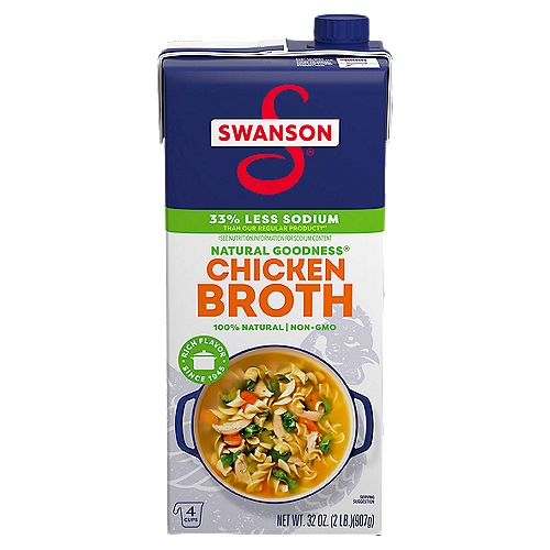 Swanson Natural Goodness 33% Less Sodium Chicken Broth, 32 oz
33% Less Sodium than Our Regular Product †**
**This product contains 570mg of sodium per serving versus 860mg of sodium per serving in regular Swanson® Chicken Broth.