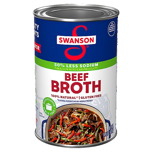Swanson 50% Less Sodium Beef Broth, 14.5 oz
Swanson 50% Less Sodium* Beef Broth combines real beef and bones with farm-grown vegetables for a rich, roasted beef flavor with 50% less sodium*. Each batch of Swanson Beef Broth is gently simmered, layering in notes of roasted beef and pan drippings, ready to add depth of flavor to your homemade dishes. And, just like homemade, we only use 100% natural ingredients, with no MSG added, no preservatives, and its and gluten-free. Start with Swanson 50% Less Sodium Beef Broth to create sensational beef soups, beef stews, and more! Taste the Swanson Difference. [*THIS PRODUCT CONTAINS 720mg SODIUM PER 1 CAN VS. 1450mg SODIUM IN 1 CAN REGULAR SWANSON BEEF BROTH.]