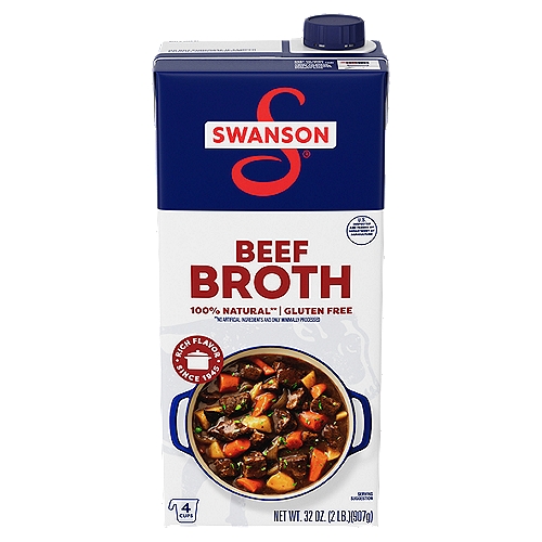 Swanson Beef Broth, 32 oz
Elevate your homemade meals with the rich roasted flavor of Swanson Beef Broth. Swanson's beef broth brings together the perfectly balanced flavors of roasted beef and vegetables picked at the peak of freshness in a convenient recyclable carton. And just like homemade, our canned broth uses only 100% natural*, non-GMO ingredients, with no artificial flavors or colors and no preservatives.

*No artificial ingredients and only minimally processed