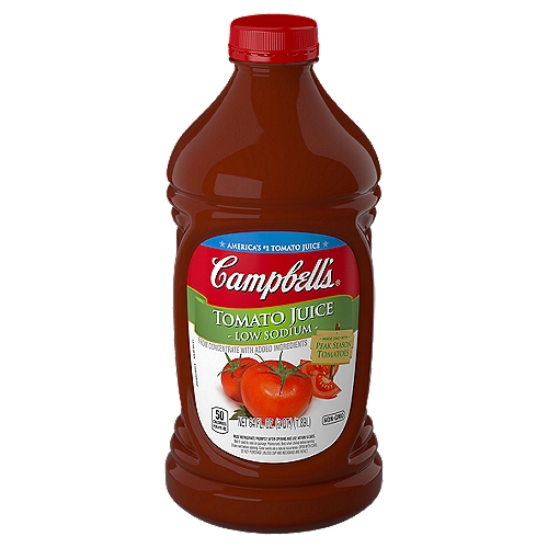 Campbell's Low Sodium Tomato Juice, 64 oz
Juicy, peak-season deliciousness. It's what you look for in tomatoes, and it's what you'll find in Campbell's Low Sodium Tomato Juice. We only use peak season tomatoes, so each sip of 100% juice is filled with sun-kissed deliciousness. Great on its own, over ice with a twist of lime, or as a mixer. Or, try it as a base for sauces, chilis and soups. No matter how you enjoy it, Campbell's Tomato Juice provides the rich, smooth flavor that makes it America's top tomato juice. Less salt, great taste.