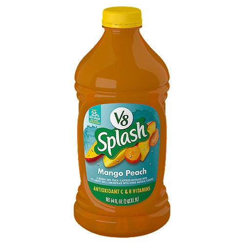 V8 Splash Mango Peach Juice, 64 fl oz
V8 Splash Mango Peach Flavored Beverage is a refreshing thirst-quencher for the whole family. Made with 5% carrot juice from concentrate along with other natural flavors, this V8 juice features notes of mango and peach for delicious kids drinks. V8 Splash is gluten free and contains antioxidants vitamin C and B vitamins. With 25% less sugar than leading brands of juice drinks (1) and only 50 calories per serving, V8 Splash is a great choice for the entire family. Serve this mango peach juice beverage anytime you need a refreshing drink, whether you're hosting a birthday party, having friends over for a summer BBQ or simply enjoying the sunshine on your front porch. V8 Splash juices for kids taste best when chilled before serving. Keep the V8 juice refrigerated.

(1) PER 8 FL OZ: LEADING SHELF STABLE BRANDS, 17G; SPLASH 10G