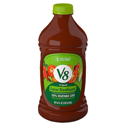 V8 Low Sodium 100% Vegetable Juice is a plant based juice blend that gives your body the replenishment it needs. Made using a delicious blend of vegetable juices, this juice drink is uniquely satisfying. Light on sodium but not on taste, this V8 juice contains a flavorful mix of tomato juice and other vegetable juices. This low sodium* V8 juice does not contain MSG, added sugars**, or high fructose corn syrup. This V8 juice contains two servings of vegetables in each 8 fl oz serving. An excellent source of vitamin A and vitamin C, this V8 low sodium juice is an easy way to get the plant-powered boost you need. Enjoy this veggie juice as an afternoon snack on a busy day, or drink it post workout to refill your body with nutrients. Experience the delicious taste of V8: The Original Plant-Powered Drink.

*V8 Low Sodium Juice has 140 mg sodium per 8 oz serving; V8 Original Juice has 640 mg sodium per 8 oz serving

**Not a low calorie food