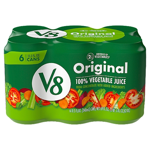 V8 Original 100% Vegetable Juice, 11.5 fl oz, 6 count
V8 Original 100% Vegetable Juice is a unique and satisfying plant based juice blend that gives your body the replenishment it needs. Made using a blend of tomato and other delicious vegetable juices, this juice drink is an easy and satisfying way to help meet your daily needs. Gluten free V8 juice contains a flavorful mix of vegetable juices and tomato juice. This V8 juice does not contain MSG, added sugars*, high fructose corn syrup or artificial colors. This V8 vegetable juice contains 2 1/2 servings of vegetables per 11.5 fl oz can. Also an excellent source of vitamin A and vitamin C, this vegetable juice is an easy way to get the plant-powered boost you need. Enjoy this V8 100% juice as a wholesome afternoon snack on a busy day, or drink it post workout to refill your body with nutrients. Experience the delicious taste of V8: The Original Plant-Powered Drink.
*Not a low calorie food