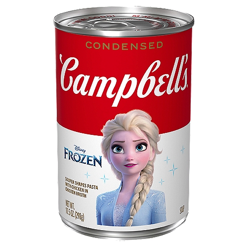 Campbell's Disney Frozen Condensed Soup, 10.5 oz
Go on a magical journey with Princess Anna and Elsa and Campbell's Condensed Disney Frozen Kids Soup. Made with magical-shaped pasta, tender chicken raised without antibiotics and the comforting taste of savory chicken broth, it's sure to bring a smile with every spoonful. Parents can also feel good knowing that this fun kids' soup is crafted with high-quality ingredients with no MSG added and no artificial colors or flavors. Perfect as part of a great lunch or as a quick snack, just add water and heat for something tasty, quick and easy! Or use this pantry staple as the start to a great meal by customizing with toppings or pairing with a sandwich or Goldfish crackers. M'm! M'm! Good!