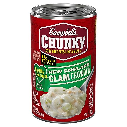 Campbell's Chunky New England Clam Chowder Soup, 18.8 oz
Campbell's Chunky Healthy Request New England Clam Chowder is a bowl of creamy comfort that keeps you coming back for more. Big in flavor, this rich, flavorful and hearty soup showcases the authenticity of its East Coast recipe in every bite. This delicious soup is crafted with generous pieces of succulent clam and hearty potatoes. Each can has 11 grams of protein (1). It Fills You Up Right.
(1) See nutrition information for sodium content.