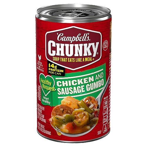 Campbell's Chunky Chicken and Sausage Gumbo Soup, 18.8 oz
Campbell's Chunky Healthy Request Chicken and Sausage Gumbo isn't just tasty—it's made to work as hard as you do. With never-ending big flavors and bold ingredients, this comfort food classic is capable of fueling even the heartiest appetite. This ready-to-eat chicken soup is crafted with big pieces of chicken meat without antibiotics, Andouille sausage, okra, peppers and tasty spices. Each can has 14 grams of protein. It Fills You Up Right. Just pop this soup in a microwave-safe bowl, heat and enjoy. Or, warm it over the campfire on your outdoor adventures. Enjoy it on its own or poured over rice. Whether you're looking for quick and easy to microwave soups for home or something to take on the go, Campbell's has you covered. Take on the great outdoors with Campbell's Chunky Healthy Request Chicken and Sausage Gumbo—Soup That Eats Like a Meal.