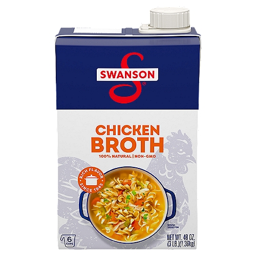 Swanson Chicken Broth, 48 oz
Elevate your homemade meals with the rich, full-bodied flavor of Swanson Chicken Broth. Swanson's chicken broth brings together the perfectly balanced flavors of farm-raised chicken, vegetables picked at the peak of freshness, and high-quality seasonings in a convenient recyclable carton. And just like homemade, our broth uses only 100% natural, non-GMO ingredients, with no MSG added*, no artificial flavors or colors, and no preservatives. More convenient than chicken bouillon, this fat-free, gluten-free chicken broth is a versatile ingredient for your everyday cooking, adding flavor and moisture to both entrees and side dishes. It's great as a soup base, and it can be used instead of water to boost rich flavor in rice, pasta and veggies. Swanson Chicken Broth is a must-have-for your holiday cooking, bringing richer, elevated homemade flavor to mashed potatoes, stuffing and more. It's not just any broth. It's Swanson.

*Small amount of glutamate occurs naturally in yeast extract