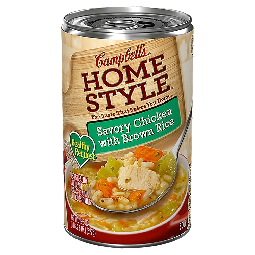 Campbell's Home Style Savory Chicken with Brown Rice Soup, 18.6 oz
Enjoy quality flavors that feel like home with Campbell's Homestyle Healthy Request Chicken with Brown Rice Soup. Every spoonful of this chicken soup is crafted with the simple, delicious ingredients you grew up on. This homestyle soup is made with tender chicken meat and hearty brown rice, carrots and celery for that familiar taste that's sure to be a family favorite. Just heat in a covered microwave-safe bowl for up to three minutes, let sit for one minute and enjoy. This hearty chicken soup is perfect for nostalgic lunches at the office or part of family dinners at home. Each soup can is non-BPA lined and easily recyclable. Journey back home with every spoonful of Homestyle Healthy Request Chicken with Brown Rice Soup, crafted from a place you trust—Campbell's.