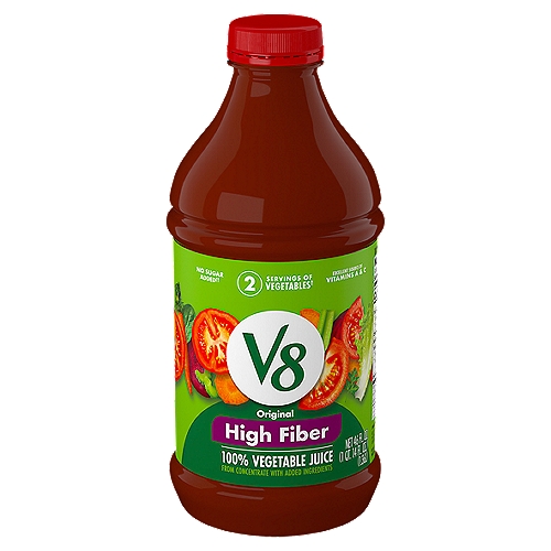 V8 High Fiber 100% Vegetable Juice is a unique and satisfying plant based juice blend that gives your body the replenishment it needs. Made using a blend of tomato and other vegetable juices with the addition of dietary fiber, this juice drink is a delicious way to increase your fiber intake. This V8 juice is gluten free and does not contain MSG, added sugars*, high fructose corn syrup or artificial colors. This V8 vegetable juice contains two full servings of vegetables per 8 fl oz glass, along with 6 grams of fiber—that's 20% of the Recommended Daily Value. Also an excellent source of vitamin A and vitamin C, this vegetable juice is an easy way to get the plant-powered boost you need. Enjoy this V8 100% juice as a wholesome afternoon snack on a busy day, or drink it post workout to refill your body with nutrients. Experience the delicious taste of V8: The Original Plant-Powered Drink.nn*Not a low calorie food