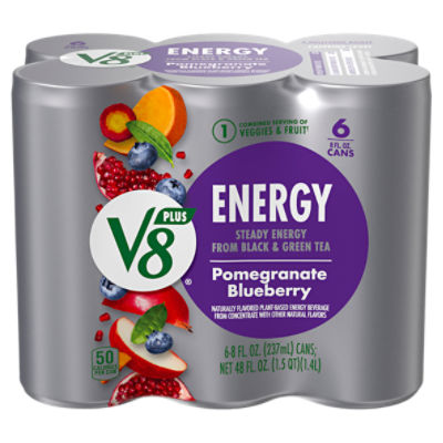V8 +Energy Pomegranate Blueberry Juice Energy Drink, 8 fl oz Can (6 Pack)