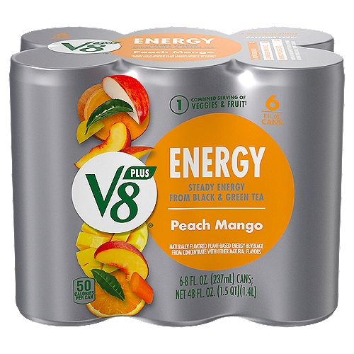 V8 Plus Peach Mango Energy Beverage, 8 fl oz, 6 count