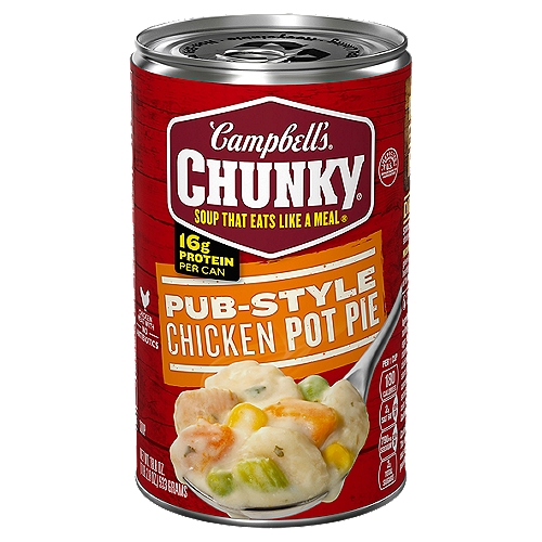 Savory flavors of chicken pot pie in a bold, big-flavored soup. Crafted with hearty dumplings, big pieces of chicken, peas and carrots. Great choice for when you're hungry and crunched for time.
