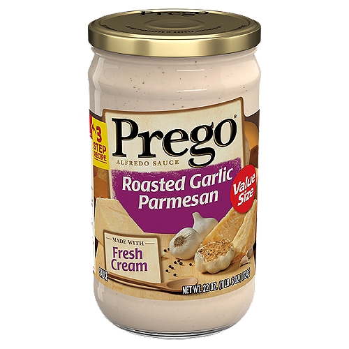 Prego Roasted Garlic Parmesan Alfredo Sauce Value Size, 22 oz
Prego Roasted Garlic Parmesan sauce is the perfect blend of butter, fresh cream and Parmesan cheese with the rich flavor of roasted garlic. Simply add this creamy, indulgent sauce to pasta for a quick and easy meal, or try it in recipes like our 3-Step Chicken & Broccoli Alfredo recipe on the jar!