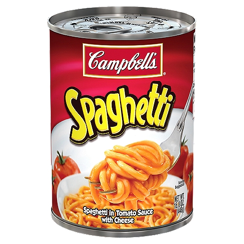 Campbell's Spaghetti, 15.8 oz
Dig into a dish the whole family will enjoy with Campbell's Canned Spaghetti. This canned spaghetti is a delicious pasta dish with the perfect blend of rich, sweet tomato sauce and mild cheese, making it a great addition to any meal. Break out this convenient canned food when you're craving tasty snacks, or prepare it as an entree. This microwave pasta is ready in as little as 3 minutes. Just heat in a microwave-safe bowl on high for 2 to 2 1/2 minutes, let stand for 1 minute, then stir. Or, cook up this classic favorite on the stove. The can is recyclable for easy disposal. Campbell's spaghetti is a family favorite that has been warming kitchens for generations.