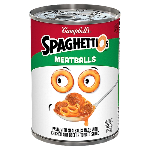 Dig into a dish the whole family will enjoy with SpaghettiOs Canned Pasta with Meatballs. Each delicious bite of this canned pasta and meatballs features the classic o-shaped pasta you know and love to add some fun to a lunch. This canned pasta puts a yummy spin on original SpaghettiOs with the addition of savory meatballs, making it a delicious part of any meal. One cup of SpaghettiOs canned pasta and meatballs contains 1/2 cup of vegetables and 11 grams of protein as part of a lunch. Break out this convenient canned food when you're craving lunch. This microwave pasta is ready in as little as 3 minutes. Just heat in a microwave-safe bowl on high for 1 1/2 to 2 minutes, let stand for 1 minute, then stir. Or, cook up this fun-loving pasta on the stove. The can is recyclable for easy disposal. Add character to every bite with SpaghettiOs: the neat round spaghetti you can eat with a spoon.