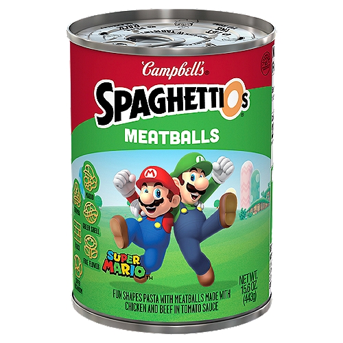 Campbell's Super Mario Meatballs Spaghettios, 15.6 oz
Dig into a dish the whole family will enjoy with SpaghettiOs Super Mario Bros Canned Pasta with Meatballs. Each bite features classic o-shaped pasta, plus fun Super Mario shapes to add some fun to any snack. This canned pasta puts a spin on original SpaghettiOs with the addition of savory meatballs. One cup of microwave pasta has 1/2 cup of vegetables and 11 grams of protein for a healthy snack or lunch. Make this canned food when you're craving tasty snacks.