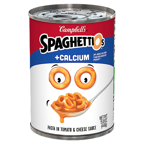 Campbell's SpaghettiOs +Calcium Pasta in Tomato & Cheese Sauce, 15.8 oz
28% More Calcium than Our Regular Product**
**This product contains 30% of the daily value of calcium per 1 cup serving. Our regular product contains 2% of the daily value of calcium per 1 cup serving.

Healthy Kids Entrée
Meets Claim per 1 Cup
0g of trans fat per 1 cup
30% Calcium per 1 cup
20% of daily vegetables†
†1 Cup of Canned Pasta = 1/2 Cup of Vegetables. Dietary guidelines recommend 2 1/2 cup of a variety of vegetables per day for a 2,000 calorie diet.