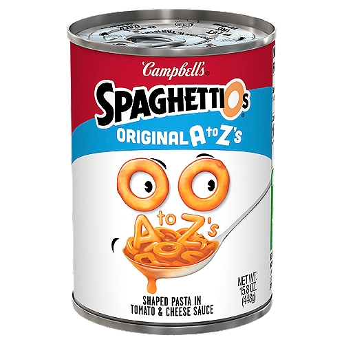 Campbell's SpaghettiOs Original A to Z's Pasta, 15.8 oz
Dig into a dish the whole family will enjoy with SpaghettiOs Original A to Z's Canned Pasta. Each delicious bite of this canned pasta features alphabet pasta shapes to add some fun to any snack. This canned pasta puts a yummy spin on traditional tomato sauce with a tomato and cheese combo that makes a great addition to any meal. One cup of SpaghettiOs Canned Pasta contains 1/2 cup of vegetables, as well as 4 essential nutrients for a healthy snack or lunch you can feel good about. Break out this convenient canned food when you're craving tasty snacks, or prepare it as an entree for a fun kids lunch. This microwave pasta is ready in as little as 3 minutes. Just heat in a microwave-safe bowl on high for 1 1/2 to 2 minutes, let stand for 1 minute, then stir. Or, cook up this fun-loving pasta on the stove. The can is recyclable for easy disposal. Add character to every bite with SpaghettiOs: the neat round spaghetti you can eat with a spoon.