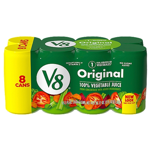 V8 Original 100% Vegetable Juice is a unique and satisfying plant based juice blend that gives your body the replenishment it needs. Made using a blend of tomato and other delicious vegetable juices, this juice drink is an easy and satisfying way to help meet your daily needs. Gluten free V8 juice contains a flavorful mix of vegetable juices and tomato juice. This V8 juice does not contain MSG, added sugars*, high fructose corn syrup or artificial colors. This V8 vegetable juice contains one full serving of vegetables per 5.5 fl oz can. Also a good source of vitamin A and excellent source of vitamin C, this vegetable juice is an easy way to get the plant-powered boost you need. Enjoy this V8 100% juice as a wholesome afternoon snack on a busy day, or drink it post workout to refill your body with nutrients. Experience the delicious taste of V8: The Original Plant-Powered Drink.n*Not a low calorie food