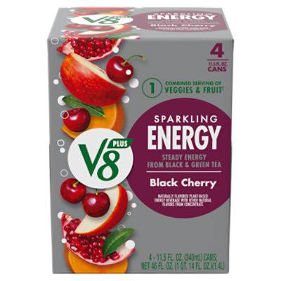 V8 +Energy Sparkling Black Cherry Juice Energy Drink, 11.5 fl oz Can (4 Pack)