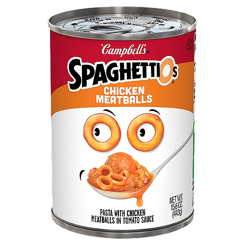 Campbell's SpaghettiOs Chicken Meatballs Pasta, 15.6 oz
Dig into a dish the whole family will enjoy with SpaghettiOs Canned Pasta with Chicken Meatballs. Each bite features classic o-shaped pasta to add some fun to any snack. This canned pasta puts a spin on original SpaghettiOs with the addition of savory chicken meatballs. One cup of microwave pasta has 1/2 cup of vegetables and 12 grams of protein for a healthy snack or lunch. Make this canned food when you're craving tasty snacks.