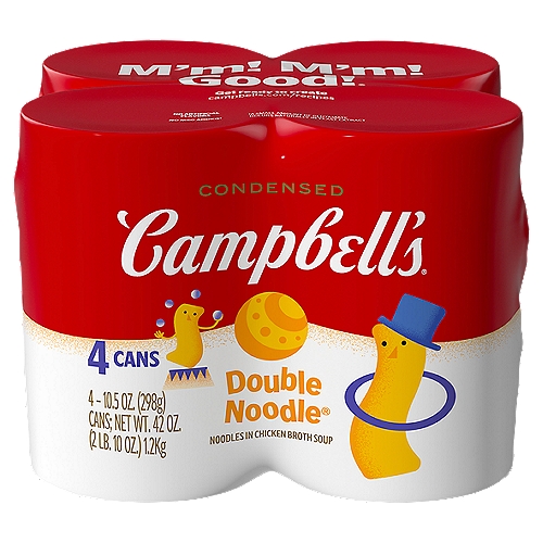 Campbell's Condensed Double Noodle Soup is sure to be the star of the meal. When it comes to being a family favorite, this soup is just the beginning. This Double Noodle Soup starts with twice as many enriched egg noodles, comforting chicken broth infused with herbs, and tender chicken. Plus, there's no artificial flavors, parents can trust each and every fun-filled spoonful. Crafted with high-quality ingredients, all you have to do is just add water and heat! Stock up on this pantry staple that is easy to customize, too. With 100 calories per 8 ounce serving, this double noodle soup is part of a great meal! M'm! M'm! Good!

Noodles in Chicken Broth Soup

M'm! M'm! Good!®

No MSG Added†
†A Small Amount of Glutamate Occurs Naturally in Yeast Extract