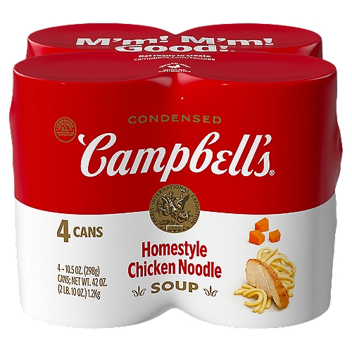 Campbell's Condensed Homestyle Chicken Noodle Soup, 10.5 oz, 4 count
Campbell's Condensed Homestyle Chicken Noodle Soup warms the soul and has earned its place in the pantry as a family favorite. Join Campbell's in the kitchen by customizing this soup with fresh herbs or croutons, or pair it with crackers, salad, or a sandwich. We perfectly season our chicken broth and add in egg noodles, tender chicken raised without antibiotics, and a mix of vegetables like celery and carrots. The end result is a soul-warming chicken noodle soup that brings a smile with every spoonful. Campbell's Condensed Homestyle Chicken Noodle Soup warms you up while delivering feel good comfort. Made with honest, high-quality ingredients, this canned soup is a crowd pleaser and makes for the perfect addition to your weeknight family dinner that everyone will love. This trusted staple is the start to a great meal. M'm! M'm! Good!
