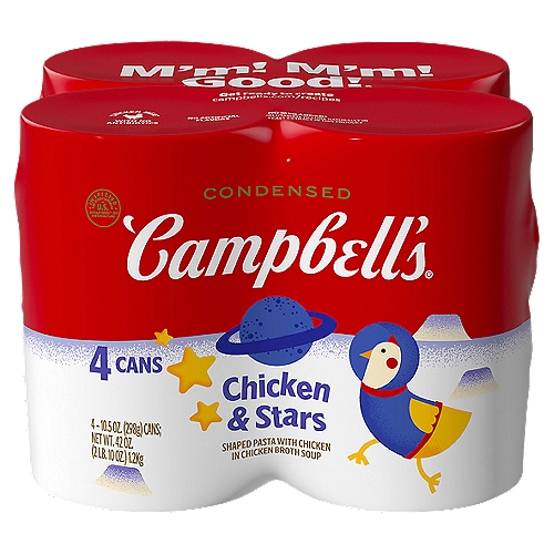 Campbell's Condensed Chicken & Stars Soup, 10.5 oz, 4 count
Campbell's Condensed Chicken & Stars Kids Soup is sure to be the star of the meal. When it comes to being a family favorite, this soup is just the beginning. Made with the original enriched star-shaped pasta you know and love, flavorful broth, tender chicken with no antibiotics, and carrots and celery, parents can trust each and every fun-filled spoonful. Crafted with honest, high-quality ingredients without any artificial flavors and no added MSG, all you have to do is just add water! This pantry staple is the start to a great meal and easy to customize. Share the love of stars from your childhood with your kids! M'm! M'm! Good!

From Chicken Noodle to Tomato and everything in between, Campbell's makes delicious soups with quality, farm-grown ingredients in flavors you and your family know and love. Whether Campbell's Condensed canned soups are the start of great recipes or you want to simmer down with the perfect bowl, we have a soup that everyone can enjoy.