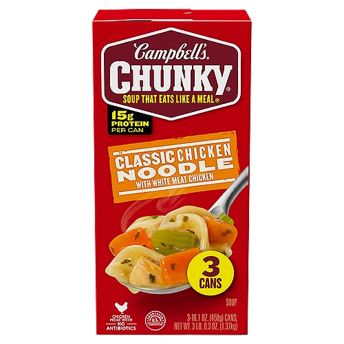 Campbell's Chunkỵ Classic Chicken Noodle with White Meat Chicken Soup, 16.1 oz, 3 count
Campbell's Chunky Classic Chicken Noodle Soup isn't just tasty—it's made to work as hard as you do. With never-ending big flavors and bold ingredients, this comfort food classic is capable of fueling even the heartiest appetite. This ready-to-eat chicken soup is crafted with big pieces of chicken meat with no antibiotics, chunks of carrots and celery, and enriched egg noodles. Each can has 15 grams of protein. It Fills You Up Right. Just pop this ready to serve soup in a microwave-safe bowl, heat and enjoy. Or, warm it over the campfire on your outdoor adventures. Whether you're looking for quick and easy to microwave soups for home or something to take on the go, Campbell's has you covered. The soup can is recyclable for easy disposal. Take on the great outdoors with Campbell's Chunky Classic Chicken Noodle Soup—Soup That Eats Like a Meal.
