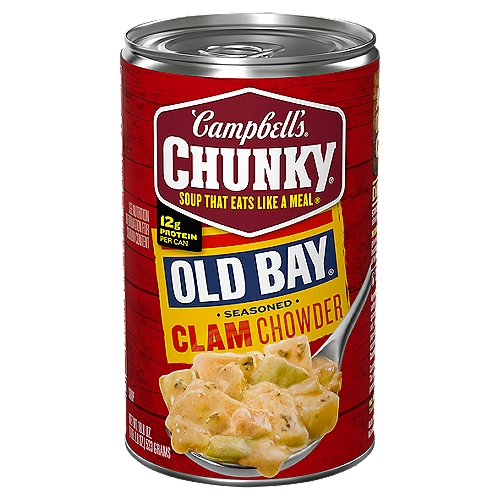 Campbell's Chunky Old Bay Seasoned Clam Chowder Soup, 18.8 oz
Campbell's Chunky OLD BAY Seasoned Clam Chowder combines hearty New England Clam Chowder with OLD BAY Seasoning for a bold, rich and flavorful way to satisfy your appetite. A tasty spin on a classic comfort food, this soup is seasoned with OLD BAY seafood spice and crafted with generous pieces of succulent clam and hearty potatoes. Each can has 12 grams of protein (1). It Fills You Up Right. Just pop this soup into a saucepan or microwave-safe bowl, heat and enjoy. Or, heat it over the campfire on your outdoor adventures. Kick it up a notch by pouring this hearty chowder into a bread bowl. Whether you're looking for quick and easy microwave soups for home or something to take on the go, Campbell's has you covered. The soup can is recyclable for easy disposal. Take on the great outdoors with Campbell's Chunky OLD BAY Seasoned Clam Chowder—Soup That Eats Like a Meal.

(1) See Nutrition Information for Sodium content