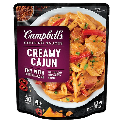 Campbell's Cooking Sauces Creamy Cajun Cooking Sauces, 11 oz
Boost the flavor of any meal, any night of the week with Campbell's Creamy Cajun Cooking Sauce. This Cajun sauce combines the delicious taste of tomato puree and flavorful herbs and spices for an easy and delicious addition to any meal. Ready in just 30 minutes, this versatile condiment is an ideal quick and convenient chicken seasoning, sausage seasoning, or flavorful addition to your favorite slow cooker meals. Mix it into jambalaya, gumbo or other Cajun-inspired dishes. The sauce pouch contains four servings, great for perfectly seasoned family meals at home. Elevate your routine with Campbell's sauces - exciting meals made easy.