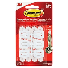 Command™ Mini Hooks, White, 6 Hooks, 8 Strips/Pack, 6 Each