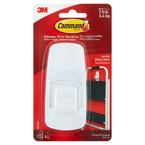 Command™ Jumbo Hook, White, 1 Hook, 2 Strips/Pack