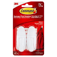 Command Medium Designer White, Hooks, 2 Each