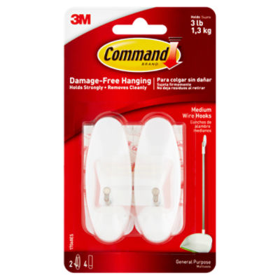 Command™ Medium Wire Hooks, White, 2 Hooks, 4 Strips/Pack - The