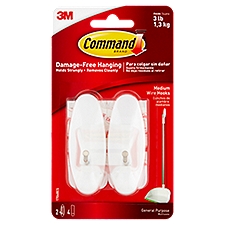 Command™ Medium Wire Hooks, White, 2 Hooks, 4 Strips/Pack, 2 Each